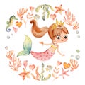 Mermaid Watercolor Surrounded by Frame of sea elements, Sea Horse, corals, bubbles, seashells, anchor, seaweeds. Ocean