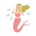 Mermaid with Wavy Green Hair Floating Underwater Among Fish Vector Illustration Royalty Free Stock Photo