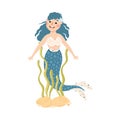 Mermaid with Wavy Hair Floating Underwater Among Algae Vector Illustration Royalty Free Stock Photo