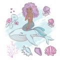 MERMAID WHALE Cartoon Travel Tropical Vector Illustration