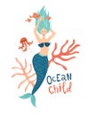 Mermaid wimming in the sea. Ocean child lettering. Marine mythical creature Royalty Free Stock Photo