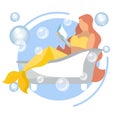 A mermaid woman is reading a book in the bathroom. In minimalist style. Flat isometric vector