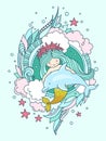 Mermaid in a wreath of starfish, with dolphin. Vector book illustration, poster, postcard.