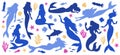 Mermaids beautiful underwater fairytale creature silhouettes swimming, dancing in water set