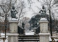 Mermaids bridge at Sempione Park in Milan, Italy. The four mermaid statues on the Ponte delle Sirenette in Milano during