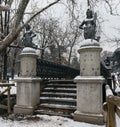 Mermaids bridge at Sempione Park in Milan, Italy. The four mermaid statues on the Ponte delle Sirenette in Milano during