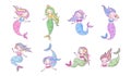 Mermaids cartoon set. Cute underwater princesses with fish tails swimming, fantasy creature with shells, myth of kids