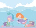 Mermaids with dolphin reef coral cartoon under the sea