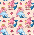 Mermaids and dolphins on a pale peach background. Seamless pattern. Under the sea.