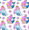 Mermaids, dolphins, starfish. Seamless pattern. Vector illustration