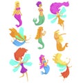Mermaids And Fairies Fairy-Tale Fantastic Creatures With Wings And Fish Tail Set Of Colorful Cartoon Characters