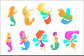 Mermaids And Fairies Fairy-Tale Fantastic Creatures With Wings Fish Tail Set Of Colorful Cartoon Characters