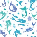 Mermaids, fish, seashells, fihes, dolfins and seaweeds silhouette seamless pattern, vector illustration Royalty Free Stock Photo