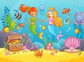 Mermaids among the fishes hold hands. Royalty Free Stock Photo