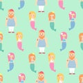 Mermaids girls with sailor seamless pattern on mint green background.