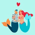 Mermaids happy romantic couple, people in love, valentine day vector illustration Royalty Free Stock Photo