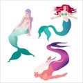 Mermaids isolated on white background. Vector illustration. Group of cutout objects. Royalty Free Stock Photo