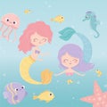 Mermaids jellyfish octopus starfish fishes shrimp cartoon under the sea