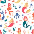 Mermaids marine pattern. Seamless cute mermaids, underwater fairy tale cartoon mermaid characters, undersea mermaid Royalty Free Stock Photo