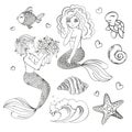 MERMAIDS MONOCHROME Cartoon Travel Vector Illustration Set