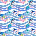 Mermaids, pink flowers in sea waves. Girly seamless pattern. Marine watercolor for childish design