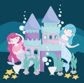 Mermaids playing in the castle sea seashells starfish cartoon Royalty Free Stock Photo