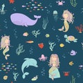 Mermaids and sea animals on a dark background