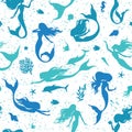 Mermaids, seashells, fihes, dolfins and seaweeds silhouette seamless pattern, vector illustration Royalty Free Stock Photo