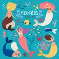 Mermaids set. Mermaid princess, ocean girl scrapbook elements, vector bikini summertime swimming pretty sirens with fish Royalty Free Stock Photo