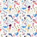 Mermaids and Swimmers girls seamless pattern on blue background, vector illustration. Cute mermaids, algae, fish and Royalty Free Stock Photo