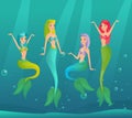 Mermaids swimming flat vector illustration. Fantasy underwater creatures. Beautiful women with fish tails smiling