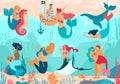 Mermaids under water, cartoon characters people vector illustration Royalty Free Stock Photo