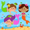 Beautiful mermaid girls and colorful fish swimming underwater. Vector illustration Royalty Free Stock Photo