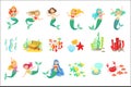 Mermaids And Underwater Nature Stickers. Cute Cartoon Childish Style Illustrations Isolated