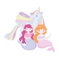 Mermaids and unicorn rainbow mane love magic cartoon