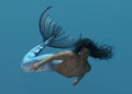 3D render : a merman creature is swimming in the deep blue sea