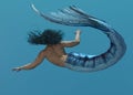 3D render : a merman creature is swimming in the deep blue sea