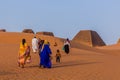MEROE, SUDAN - MARCH 4, 2019: Local tourists visit the pyramids of Meroe, Sud