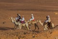 MEROE, SUDAN - MARCH 4, 2019: Locals ride camels near the pyramids of Meroe, Sud