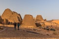 MEROE, SUDAN - MARCH 4, 2019: Tourists visit the pyramids of Meroe, Sud
