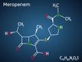 Meropenem molecule. It is broad-spectrum carbapenem antibiotic. Dark blue background