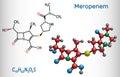 Meropenem molecule. It is broad-spectrum carbapenem antibiotic. Structural chemical formula and molecule model