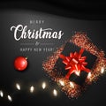 Merr Christmas and Happy New Year banner. Background Xmas design with garland, gift box, red ball, glitter red confetti