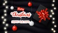 Merr Christmas and Happy New Year banner. Background Xmas design with garland, gift box, white and red balls