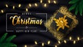 Merr Christmas and Happy New Year banner. Xmas background with garland, realistic gift box and glitter gold confetti