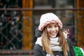 Merry blonde model wearing winter outfit celebrating Christmas a