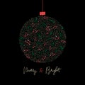 Merry and Bright Calligraphy Script Words with Winter Holiday Bauble, Swirls, Christmas Foliage, Black Square Gift Card