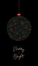 Merry and Bright Calligraphy Script Words with Winter Holiday Bauble, Swirls, Christmas Foliage, Black Vertical Banner