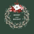 Merry and Bright Christmas greeting card, invitation. Hanging advent wreath made of white berries, oak branches and red