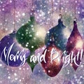 Merry and Bright Christmas hand lettered greetings with baubles on background Royalty Free Stock Photo